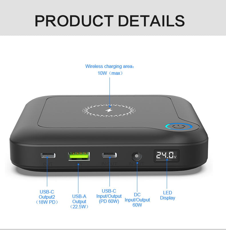 black rectangular 20000mah laptop power bank with wireless charging features multiple usb ports and an led display designed for efficient device charging width 750px height