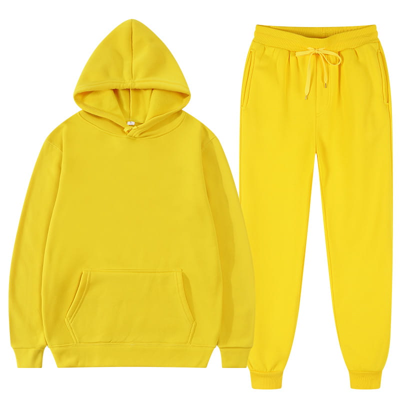 Ensemble décontracté jaune vif pour homme en molleton, avec sweat à capuche et pantalon de jogging assorti, pour un usage décontracté.