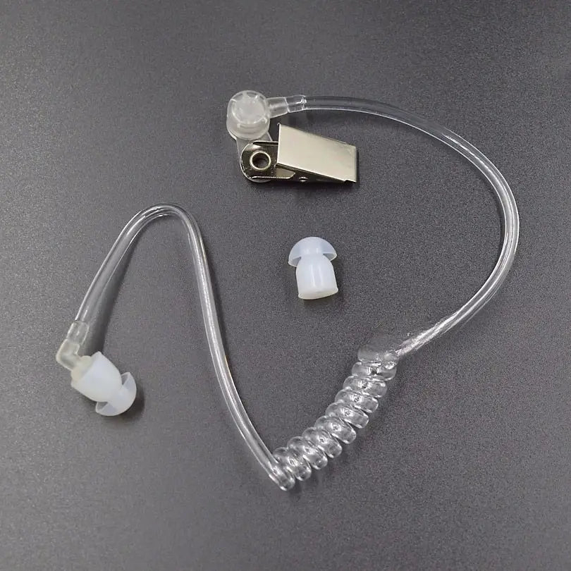 銀色のクリップと白色シリコン製チップを備えた、透明なエアチューブ式イヤピース交換品。アコースティックコイル音響チューブの設計を特徴とします。