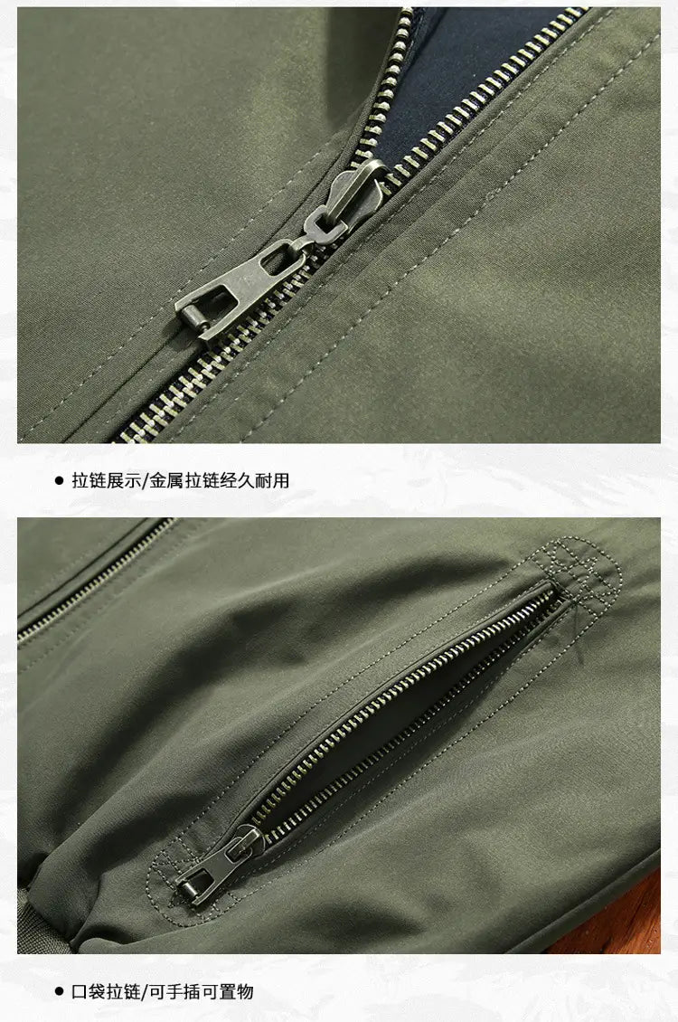 Veste coupe-vent décontractée pour homme légère à fermeture, en nylon vert olive, avec tirettes et dents métalliques argentées.