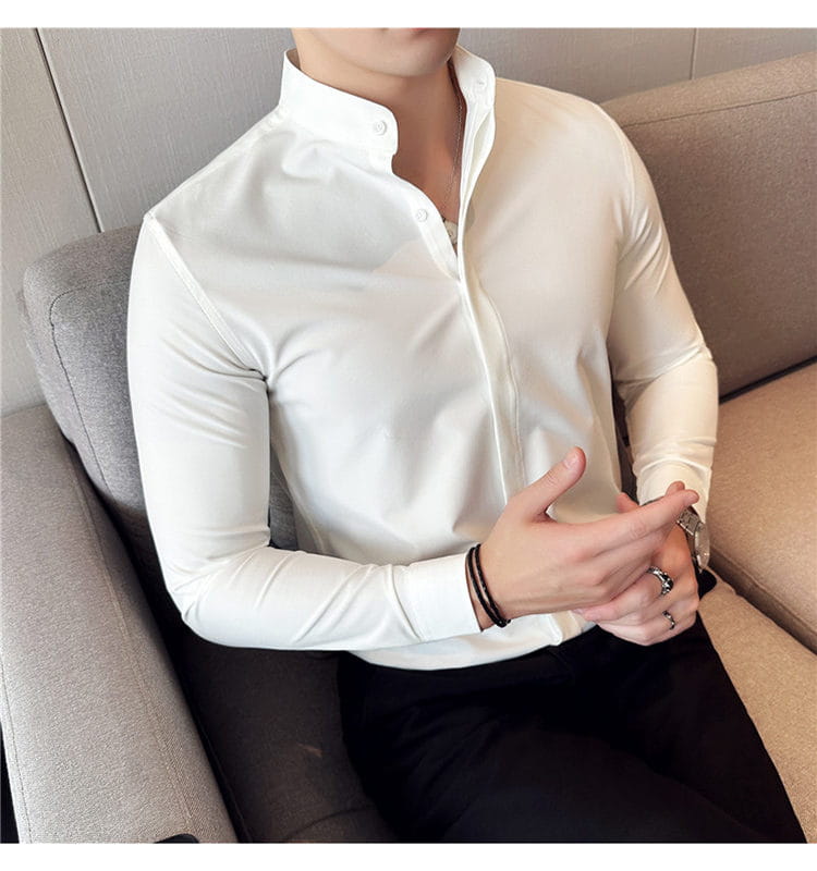 Men dress shirts slim fit stand collar formal shirt in white with a modern mandarin collar and subtle sheen designed to ensure the correct size and a polished look.