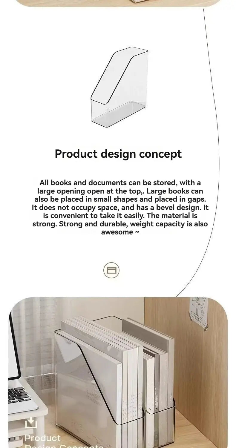 A clear plastic acrylic desktop book stand and file organizer with a beveled edge and large top opening for easy access.