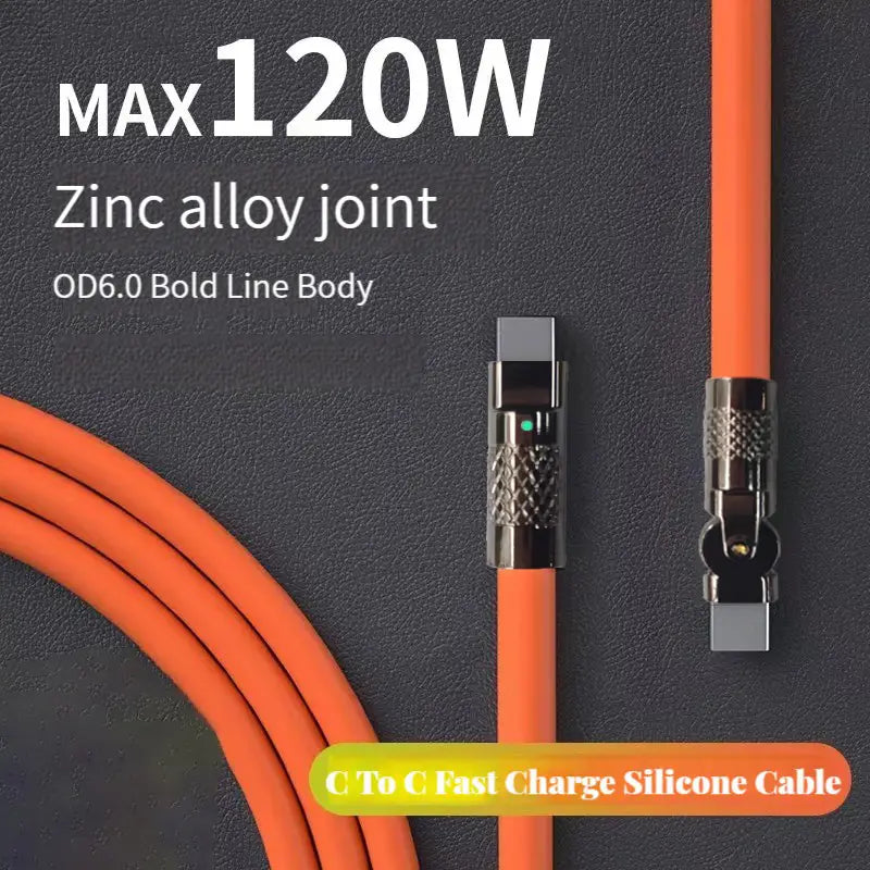 120-W-Rotations-Silikon-USB-C-Kabel in Orange mit C-zu-C-Schnelllade-Design, Zinklegierungs-Gelenk und markantem Linienkörper.