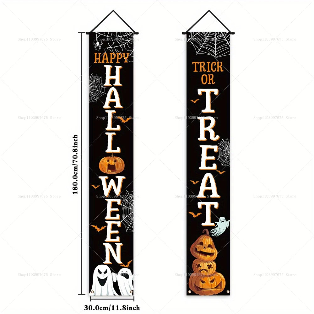 Happy Halloween Banner Pumpkin Ghost Trick or Treat Couplets Party Decorations Porch Sign Indoor Outdoor Wall Hanging Background
