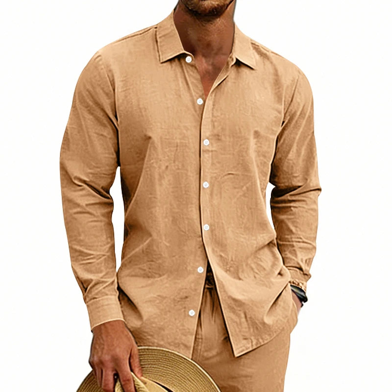 Men beige linen long sleeve casual shirt featuring a textured lightweight fabric with white buttons.