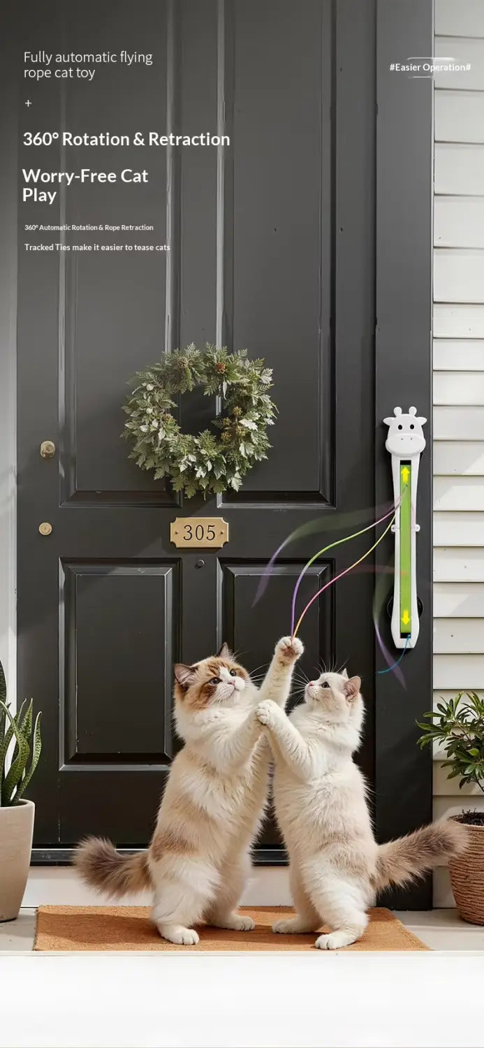 white and green giraffe-shaped automatic interactive cat toy with flying rope and retractable wall-mounted design for indoor play