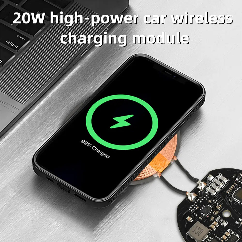 Black smartphone with sleek modern design and rounded edges resting on a 20w high power wireless charging module for car pcba featuring automatic recognition.