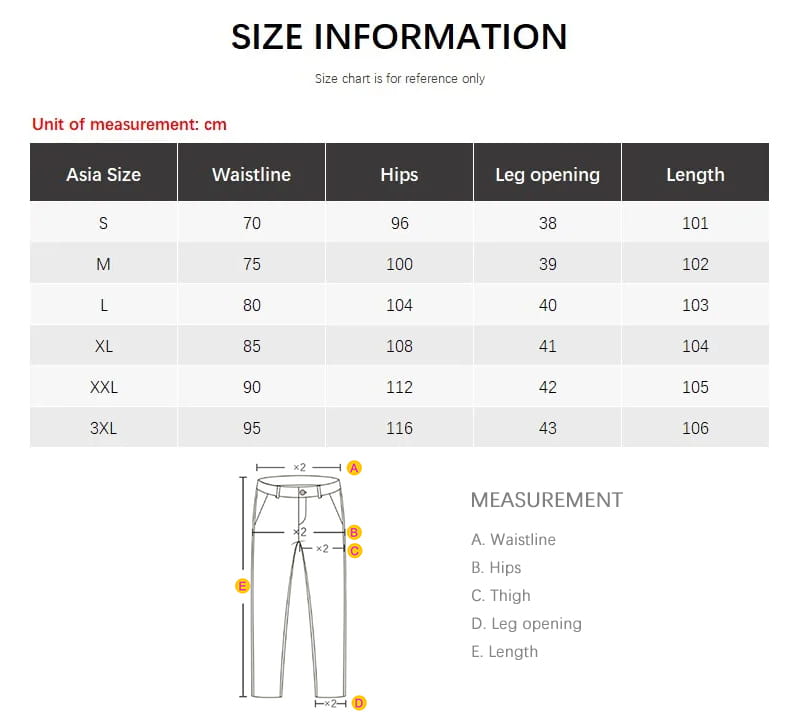 Guide des tailles pour des pantalons cargo en jean à jambes larges à broderie croisée, en tailles asiatiques, indiquant les mesures de la taille, des hanches, de l’ouverture de la jambe et de la longueur, de la taille S à 3XL.