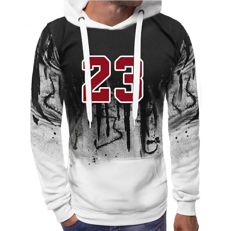 Ensemble sweat à capuche et jogging pour homme portant le numéro 23, avec un sweat à capuche dégradé noir et blanc, un graphique rouge 23 et un motif éclaboussures de peinture effet vieilli sur les manches.