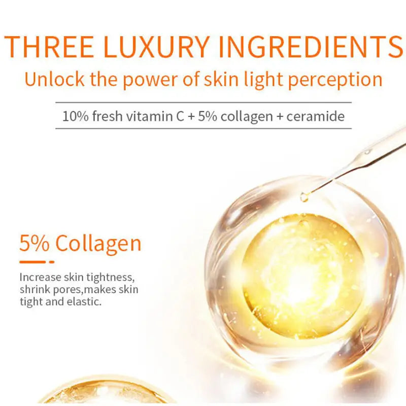 A golden translucent serum droplet is being pipetted into a glass sphere as part of the vitamin c brightening skincare set.