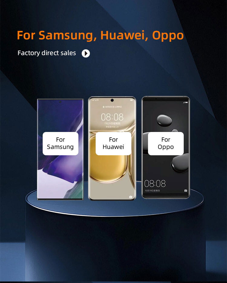 Drei Smartphones, kompatibel mit Pro-Max-LCD-Bildschirmen, nebeneinander angezeigt: ein violetter Samsung, ein goldfarbenes Huawei mit gebogener Anzeige und ein schwarzes Oppo mit minimalistischem Interface in einem Produktbild der originalen iPhone-14-Pro-Max-LCD-Bildschirm-Baugruppe.