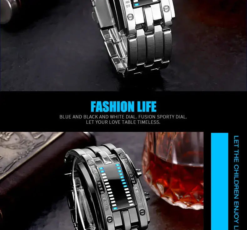 Silver-toned binary led stainless steel waterproof men watch with a bold multi-layered band and a blue and black fusion dial displaying time in segmented led numerals.