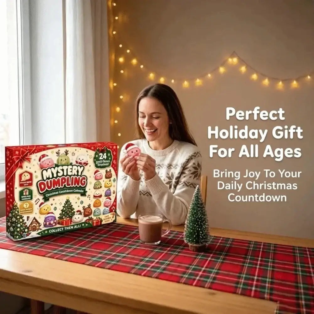 Red and white mystery dumpling christmas countdown advent calendar with festive holiday-themed illustrations front view