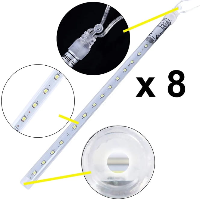 LED-Meteorschauer-Regen-Lichterkette mit einer klaren LED-Streifenleuchte, gleichmäßig verteilten weißen LEDs und einem transparenten Verbinder für den Einsatz in Innen- und Außenbereichen.
