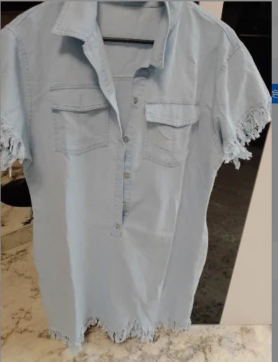 Women Dresses 2026 casual loose retro turn down collar pocket denim short-sleeved fringed mini dresses clothing vestidoes