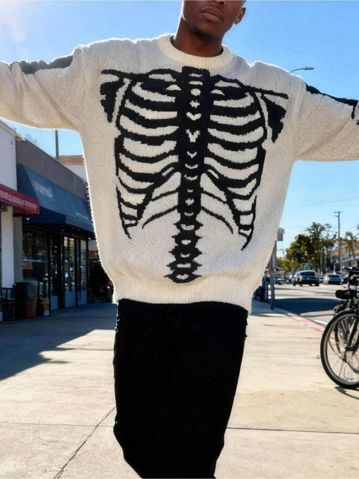 Men Crew Neck Knitted Sweater, Vintage Skeleton Ribcage Jacquard Loose Long Sleeve Gothic Streetwear Pullover Jumper