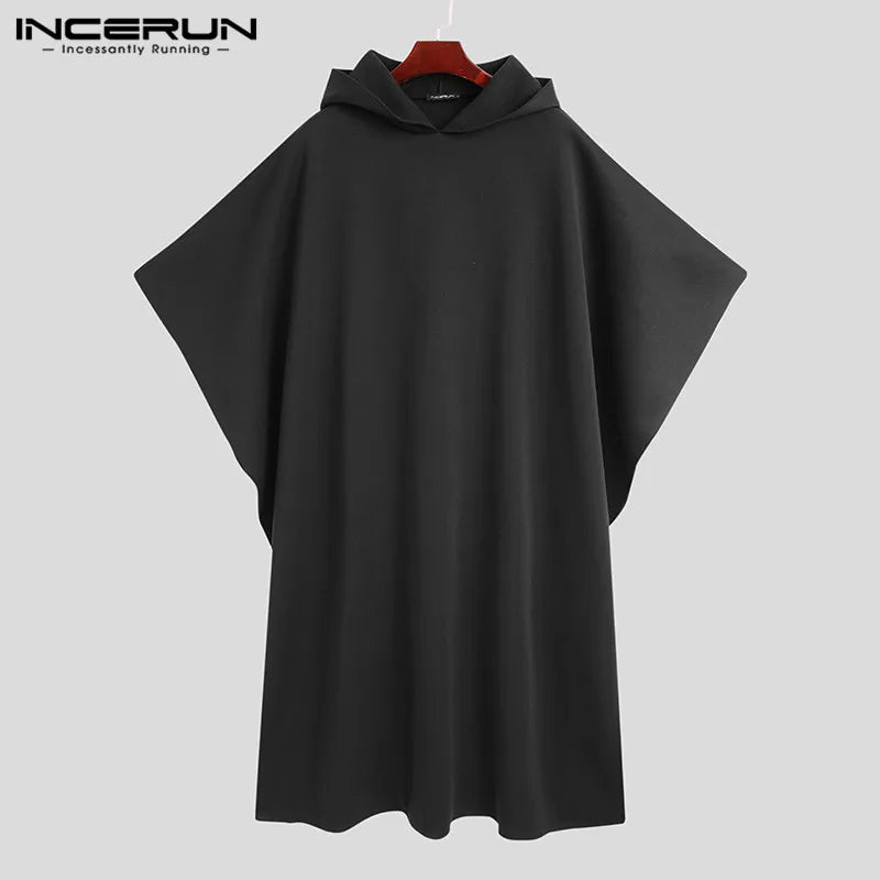 INCERUN Fashion Men Cloak Coats Solid Color Loose Hooded Streetwear 2025 Men Long Style Trench Windproof Winter Cape Jackets Men