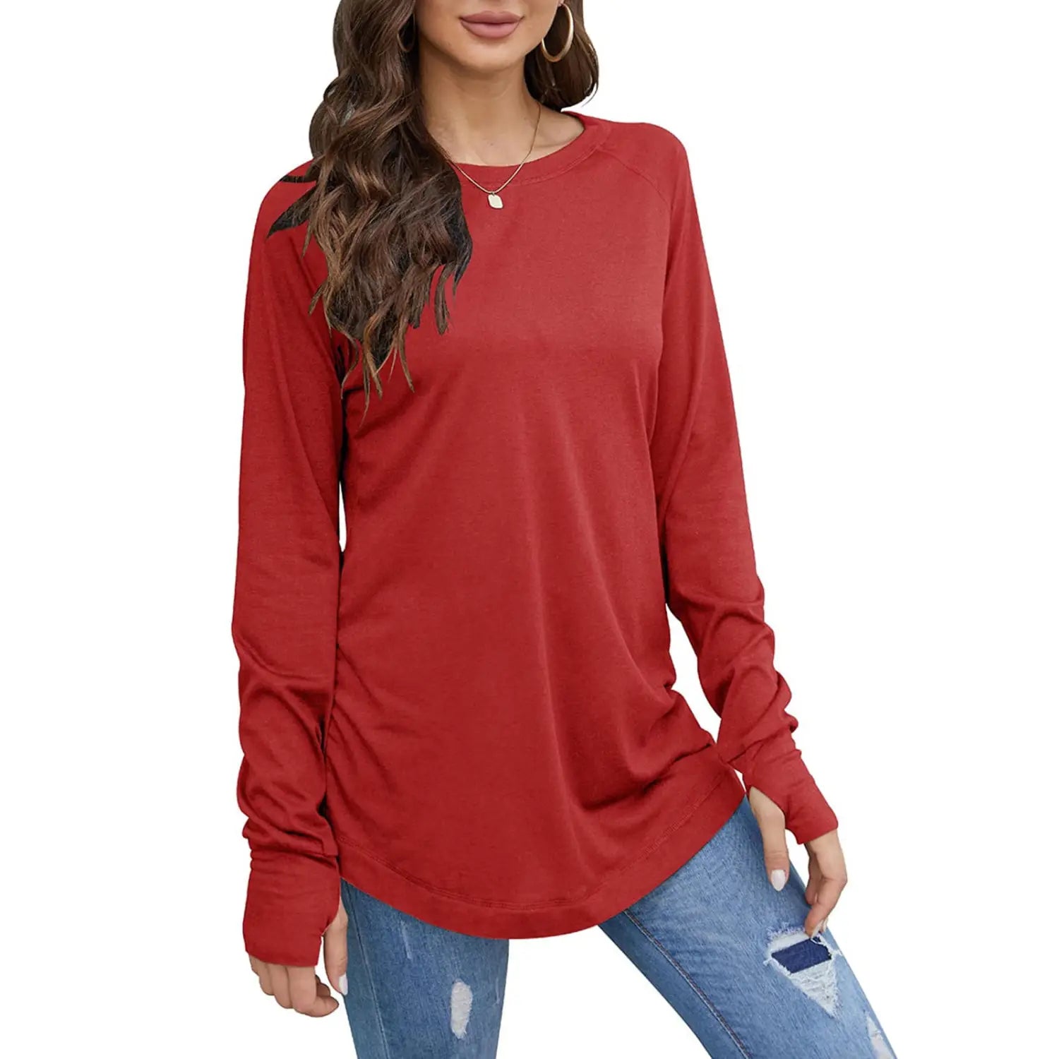 Red long sleeve cotton tunic top with a relaxed fit, subtle ruching at the cuffs, round neck, and no visible pattern type.