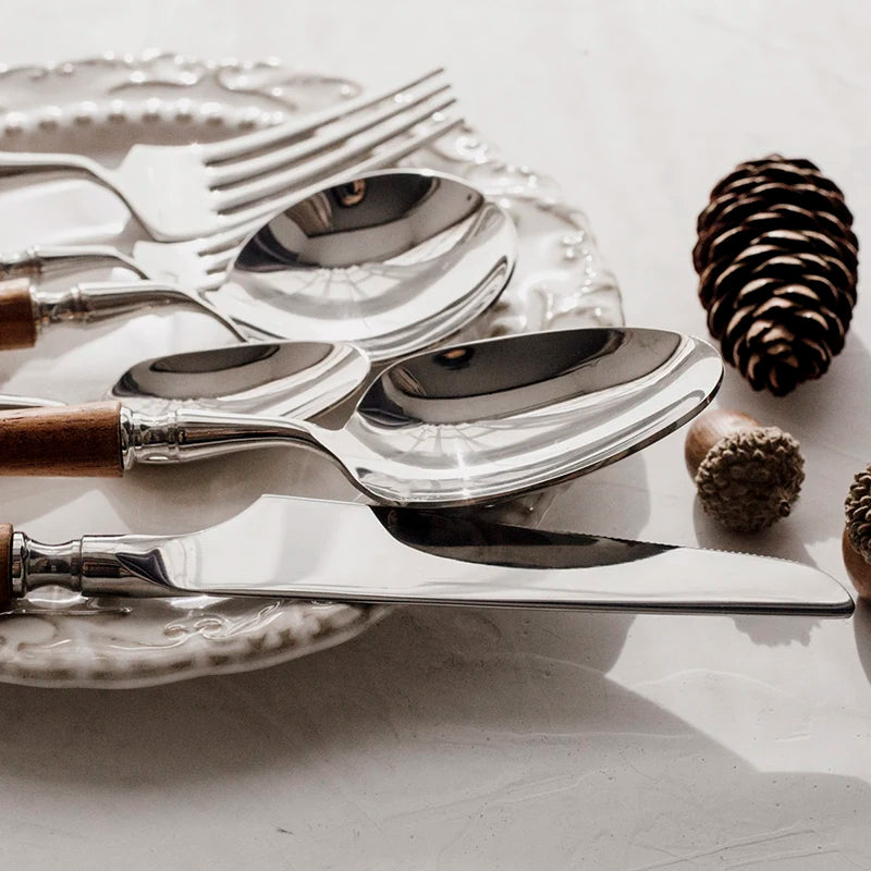 6Pcs 304 Stainless Steel Cutlery Set, Wooden Handle Dinner Fork Knife Spoon Flatware Dinnerware Tableware
