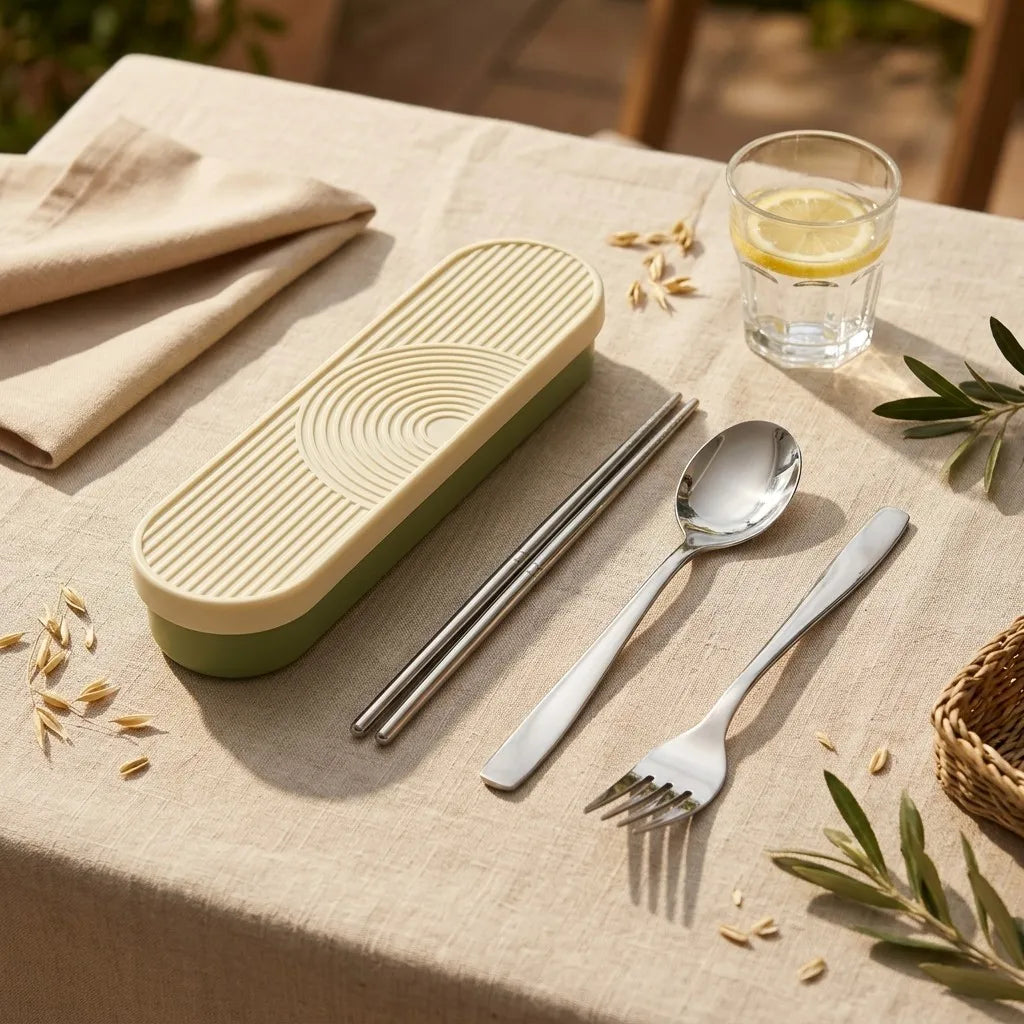 Stainless Steel Cutlery Set Spoon and Chopsticks Forks Set with Organizer Portable Travel School Camping Tableware Silverware
