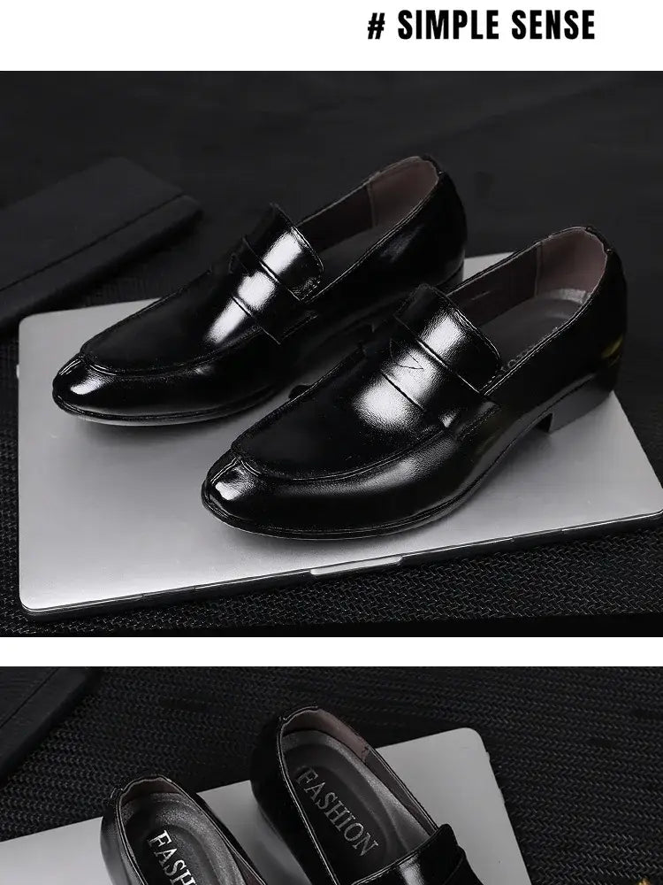 Men leather business dress shoes in black patent leather with a sleek polished finish and classic slip-on design.