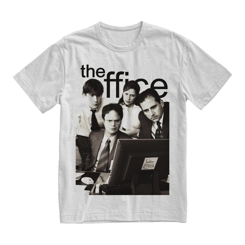 White cotton unisex t-shirt featuring a black and white graphic of the main cast from The Office with the show title printed above.