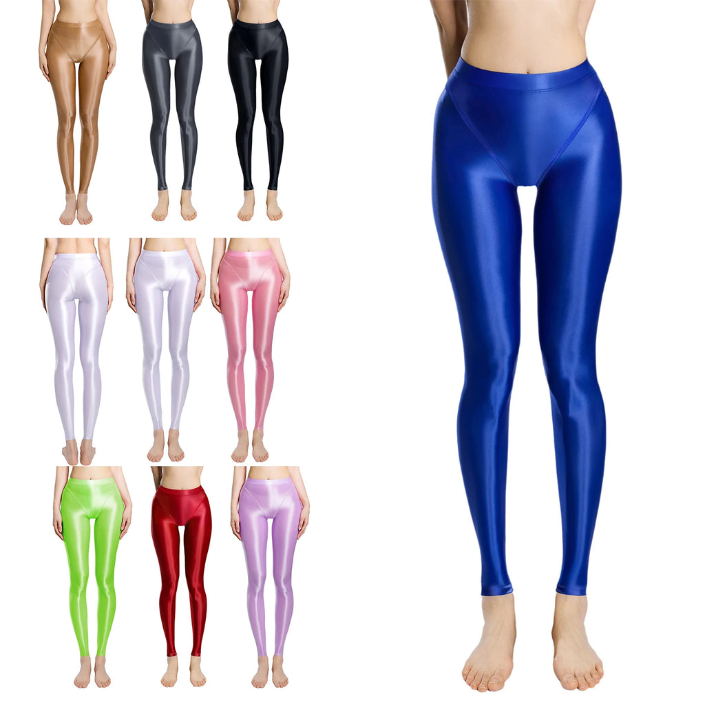 Women Glossy Stretchy Stirrup Leggings Skinny Rolling Up High Waist Slim Fit Tights for Fitness Gym Yoga Sports Control Pants