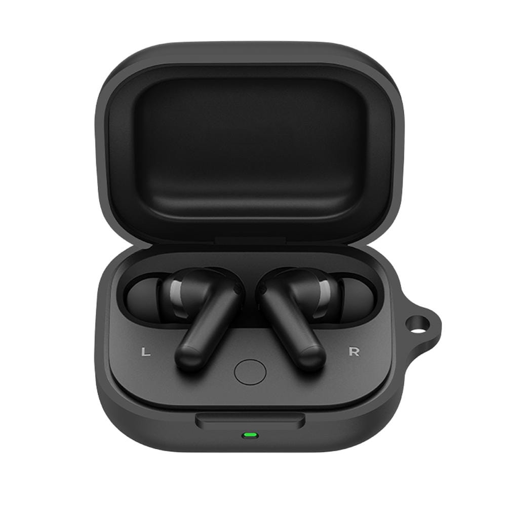 black wireless earbuds nestled in a sleek matte-finish silicone airpods pro case protective cover with l and r markings