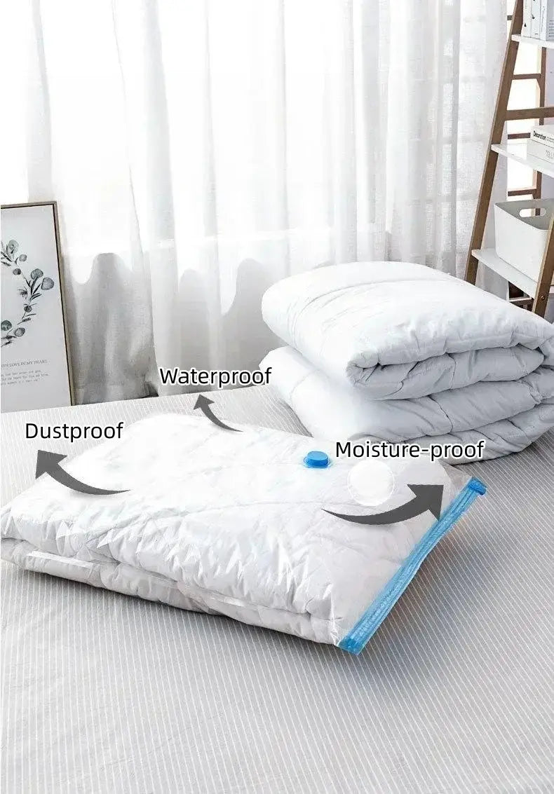 White and blue vacuum bag with a blue zipper seal designed for clothes vacuum storage with a pump system
