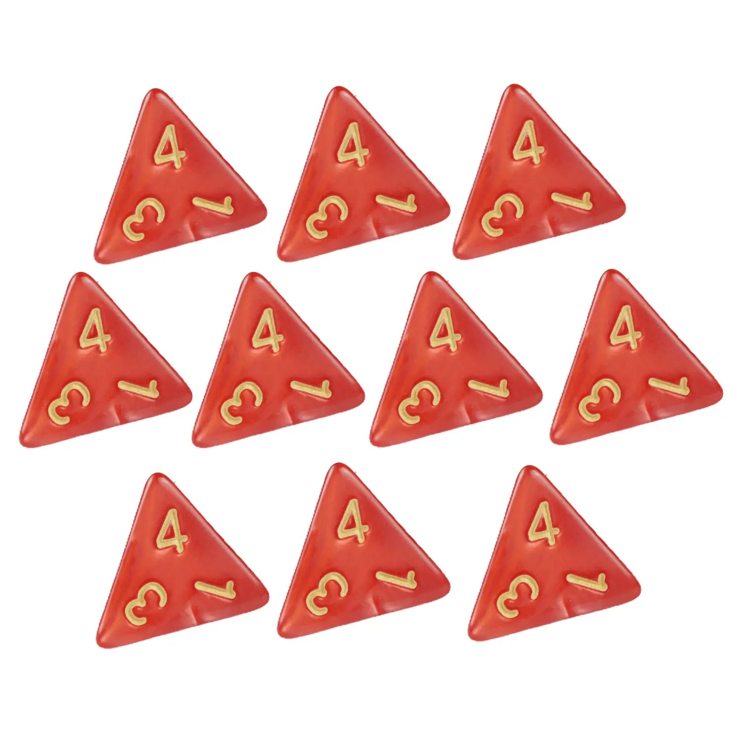 Set aus zehn durchsichtigen roten Marmord4-Würfeln mit goldenen Ziffern für Tischspiele und Brettspiele.
