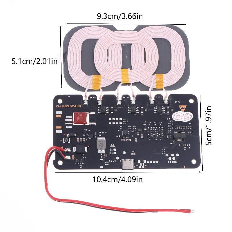 20w wireless charger module for car and home showing the back side with three pink-coiled coils on a black circuit board featuring a usb port and red wire.