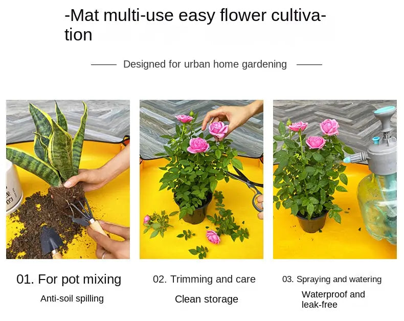 ダークグリーンの防水ガーデニング植え替えマット（50×50cm）。多用途の花栽培用サーフェスを備え、都市部の家庭菜園に適した、土のこぼれを防止する防水仕様です。