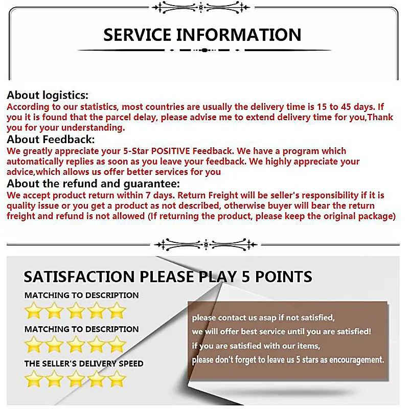 service information card with black text on white background for men breathable athletic sneakers running shoes featuring logistics details feedback appreciation refund and guarantee policies satisfaction rating system with yellow stars and a brown box prompting customers to contact the seller if unsatisfied.
