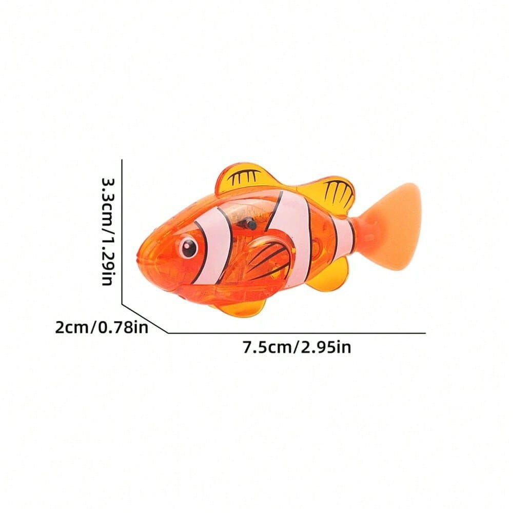 Orange and white striped plastic clownfish toy with yellow fins designed as an interactive robotic fish cat toy type.