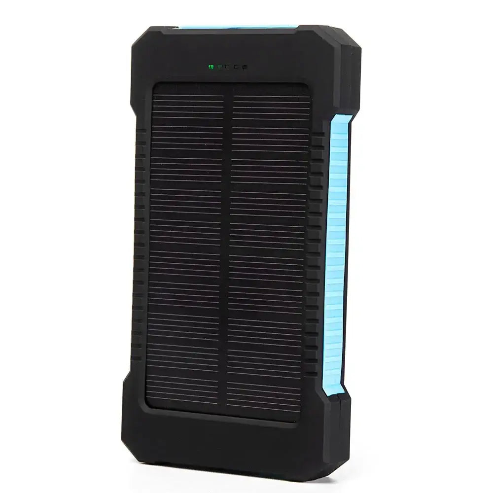 Schwarze robuste Solarpowerbank mit einer Kapazität von 20000 mAh, strukturierter Griff, leuchtender blauer LED-Streifen und DC5V-Eingang für effizientes Laden.