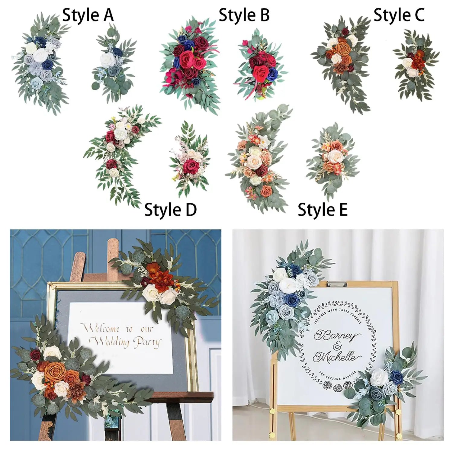 Künstliche Blumengirlanden in verschiedenen Stilen und Farbschemata mit realistisch wirkenden Seidenblumen in Navyblau und Weiß sowie Grünwerk für einen floralen Bogenkranz zur Hochzeit.