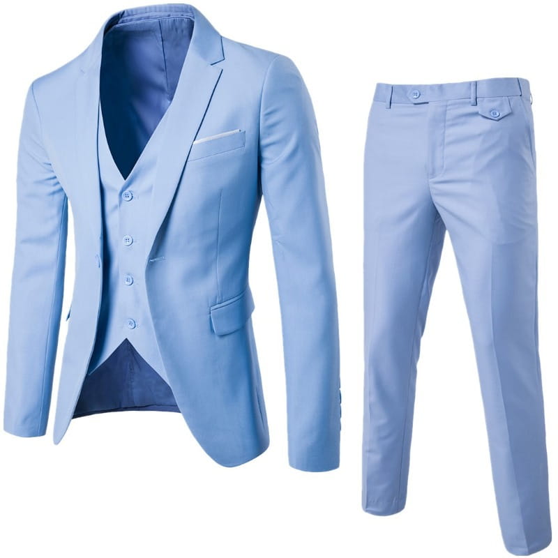 Light blue mens slim fit three-piece suit with matching blazer vest and trousers made of smooth fabric for formal dress.