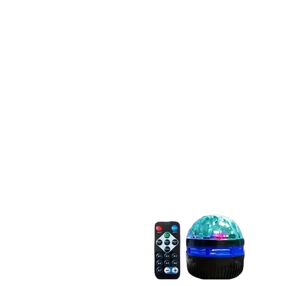 ein rotierender Nordlichter-Projektor mit blauer und grüner LED-Disco-Ball auf schwarzer Basis sowie passender Fernbedienung, der Nordlichter-Lichteffekte zeigt.