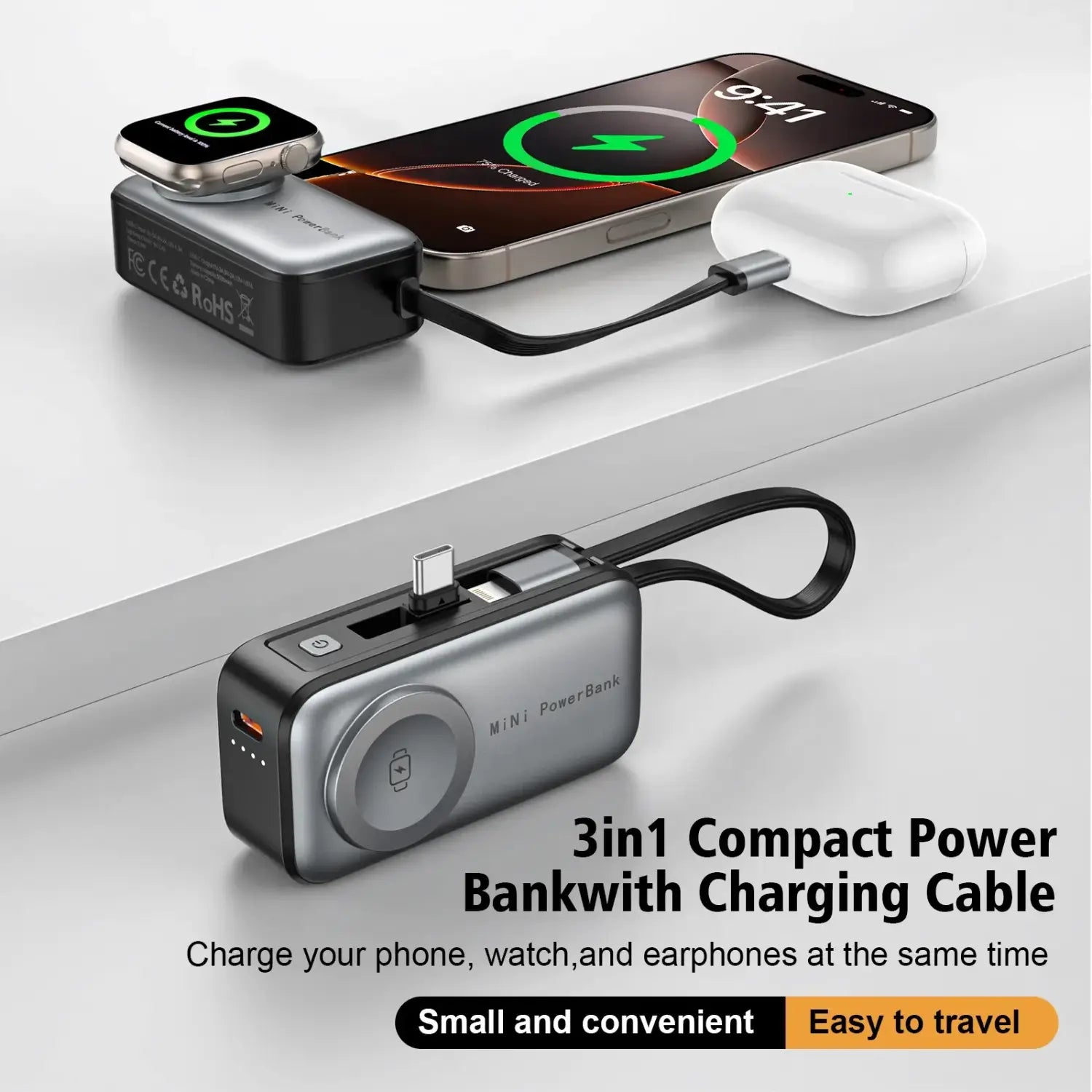 Silber- und schwarzer 3-in-1-Mini-Magnet-Powerbank mit integriertem Ladekabel und einer Kapazität von 5000 mAh für mobiles Laden