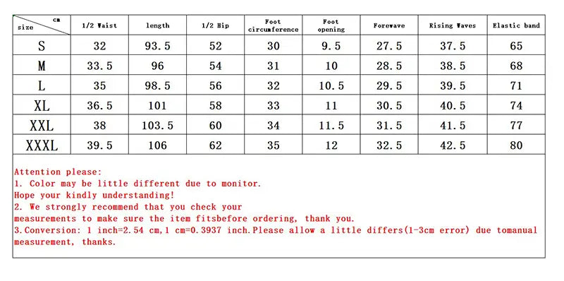Tabla de tallas para joggers impresos de hombre estilo casual streetwear, sudaderas tipo pantalón con medidas en centímetros para tallas de S a XXXL, incluida la circunferencia de cintura, talla media-copa, circunferencia del pie, abertura, ondas iniciales, ondas ascendentes y banda elástica