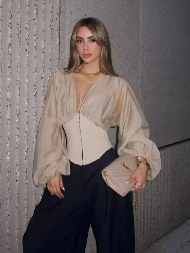 Women's Shirt New 2026 Summer Casual V Neck Long Sleeve Women Corset-Style Combined Blouses & Shirts Chic Female Tops