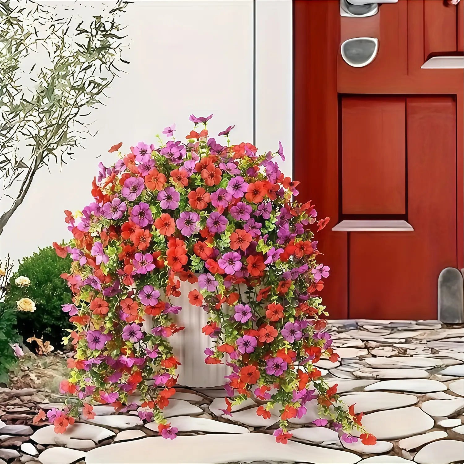 A vibrant artificial flower bouquet featuring cascading morning glory vines and petunias in pink and red arranged with eucalyptus foliage.