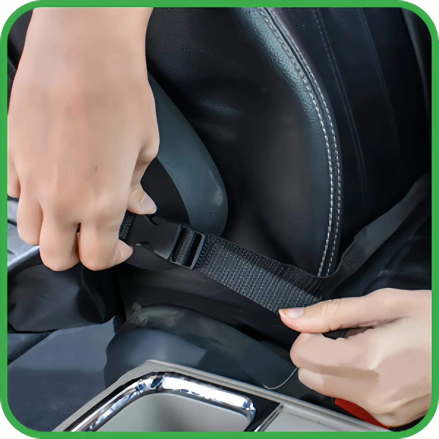 Correa negra de cincha para el cinturón del asiento del automóvil con hebilla de plástico en la parte trasera de un protector impermeable del respaldo del asiento, organizador del asiento del automóvil