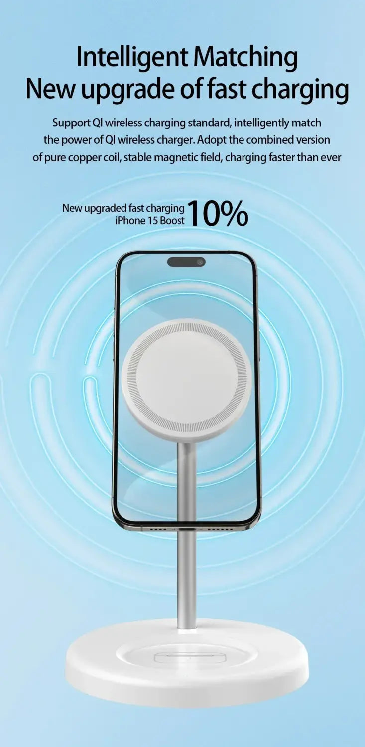 soporte circular blanco de carga inalámbrica magnética con soporte metálico elegante, diseñado para la compatibilidad con iPhone 15 para la carga inalámbrica de iPhone y AirPods