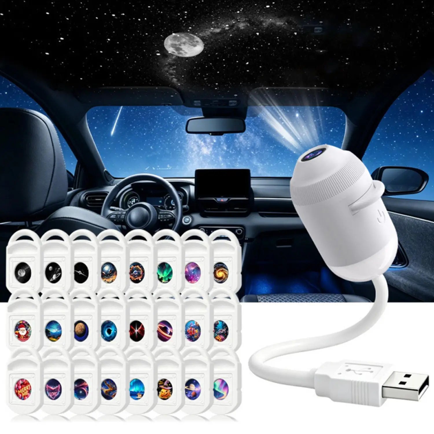Weiße, per USB betriebene Galaxy-Projektor-Nachtlampe mit flexiblem Arm und mehreren austauschbaren, kosmosinspirierten Linsen für die Projektion von 24 Folien.