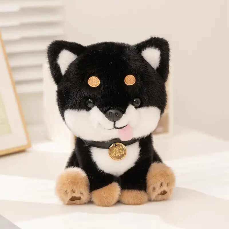 Adorable black and white shiba inu plush toy with tan paws gold button eyes pink tongue and golden tag on collar in plush shiba inu dog stuffed animal toy.