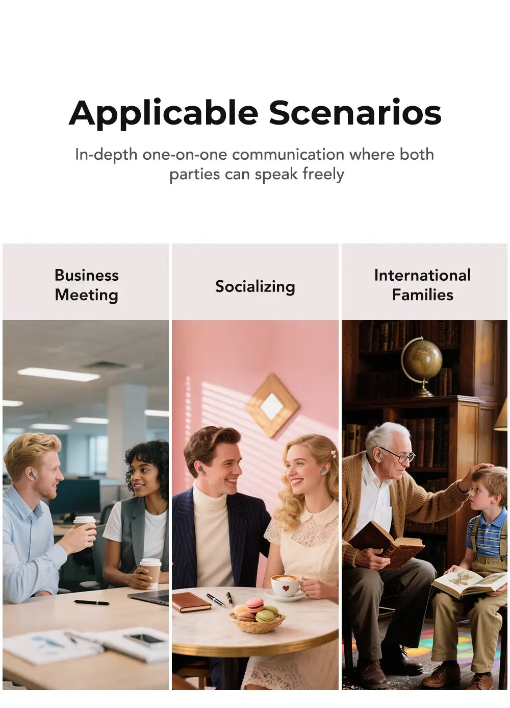 Cette image présente trois scénarios distincts, notamment une réunion professionnelle, des moments de convivialité et des familles internationales, avec des écouteurs sans fil HTC NE40 dotés d’un étui de charge intelligent pour un usage polyvalent.