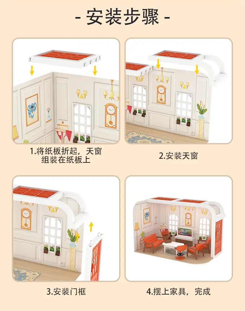 内装備品が詳細に作り込まれた、オレンジと白のミニチュアドールハウス（ミニチュアドールハウス家具およびプレイセット玩具を紹介）。