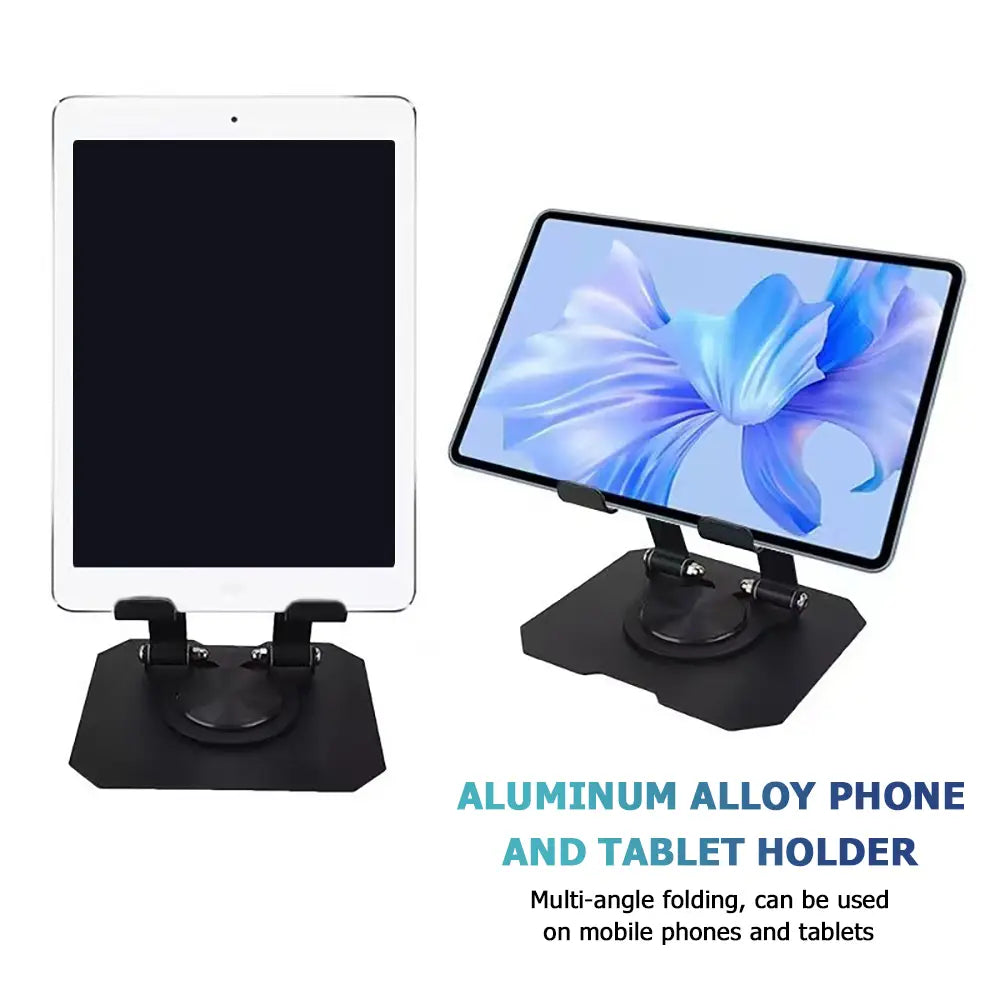 black aluminum alloy rotatable tablet stand with adjustable foldable multi-angle design for phones and tablets