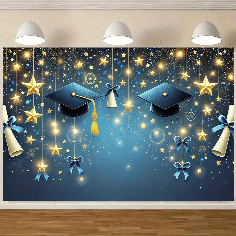 Graduation party backdrop featuring a blue cap design with gold and silver stars, hanging tassels, and blue ribbons for celebration decor.
